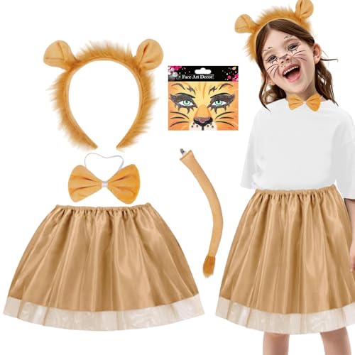 5 Stück Löwen Kostüm Kinder, Tierkostüm Set Tutu-Rock Mädchen mit Tierohren Stirnband Schwanz Fliege Verkleidungskiste Kinder Kleinkinder Karneval Halloween Weihnachten Cosplay von HarnyLoom