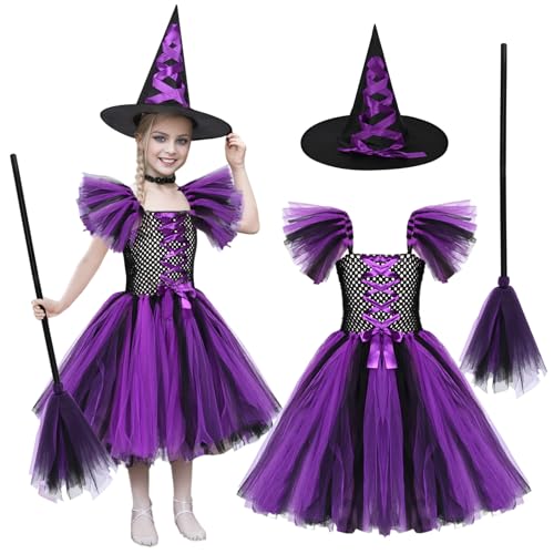 Mädchen Hexenkostüm Kinder Lila Body Kurzer Rock Kleid Hexenhut Besen Halloween Party Kostüm (Lila, 100 (3-4 Jahre)) von HarnyLoom