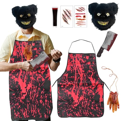 Metzger Halloween Kostüm für Männer Erwachsene, Bär Purge Maske Blutige Schürze Messer Axt Requisiten Gefälschte Blutnarben Tattoos Aufkleber Erwachsene Halloween Outfit Verkleidung Party (Schwarz) von HarnyLoom