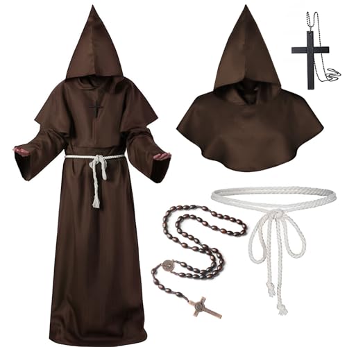 Mittelalterliche Renaissance-Roben mit Kapuze, Mönchsumhang mit Kapuze Kostüm und Kordel Burgunderrot Herren Priester Kostüm-Outfits mit Kreuz Mottoparty Halloween Karneval (Braun, 2XL) von HarnyLoom