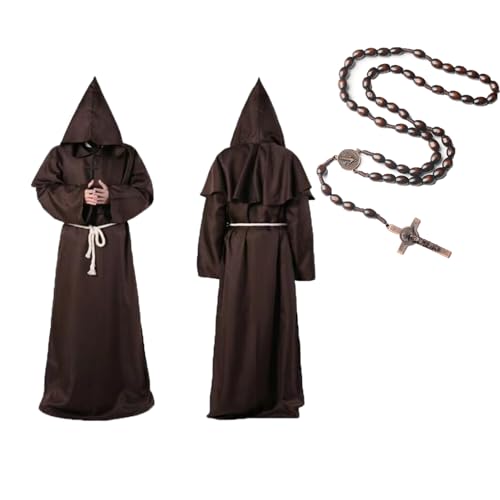 Mittelalterliche Renaissance-Roben mit Kapuze, Mönchsumhang mit Kapuze Kostüm und Kordel Burgunderrot Herren Priester Kostüm-Outfits mit Kreuz Mottoparty Halloween Karneval (Braun, L) von HarnyLoom