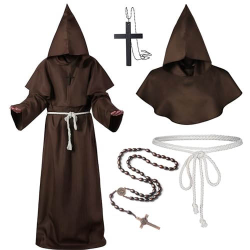 Mittelalterliche Renaissance-Roben mit Kapuze, Mönchsumhang mit Kapuze Kostüm und Kordel Burgunderrot Herren Priester Kostüm-Outfits mit Kreuz Mottoparty Halloween Karneval (Braun, M) von HarnyLoom