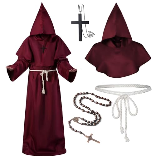 Mönch Kostüm Herren Halloween Priester Mönchskutte Kapuze Robe Renaissance Mittelalter Outfit Kapuze Karneval Party Cosplay (Rot, 2XL) von HarnyLoom