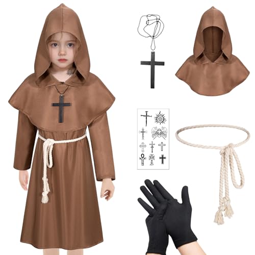 Mönch Kostüm Junge Kind Herren Halloween Priester Mönchskutte Robe Kapuze Renaissance Mönchskutte Mittelalter Outfit Kapuze Karneval Party Cosplay (Braun, 110) von HarnyLoom