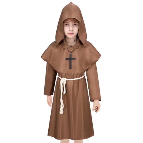 Mönch Kostüm Junge Kind Herren Halloween Priester Mönchskutte Robe Kapuze Renaissance Mönchskutte Mittelalter Outfit Kapuze Karneval Party Cosplay (Braun, 120) von HarnyLoom