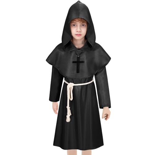 Mönch Kostüm Junge Kind Herren Halloween Priester Mönchskutte Robe Kapuze Renaissance Mönchskutte Mittelalter Outfit Kapuze Karneval Party Cosplay (Schwarz, 120) von HarnyLoom