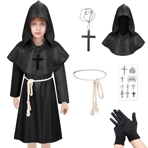 Mönch Kostüm Junge Kind Herren Halloween Priester Mönchskutte Robe Kapuze Renaissance Mönchskutte Mittelalter Outfit Kapuze Karneval Party Cosplay (Schwarz, 120) von HarnyLoom