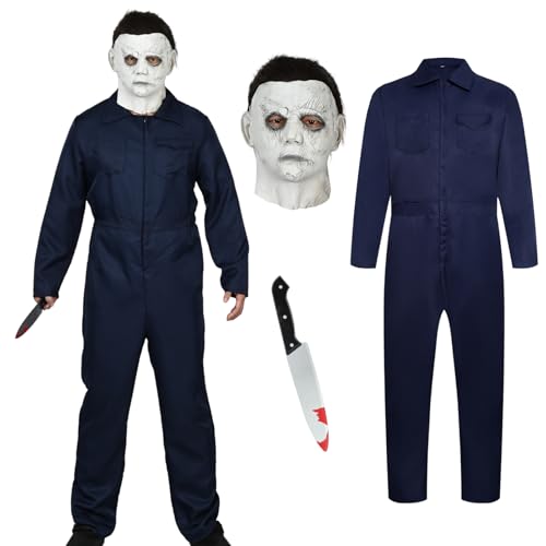 Myers Halloween Kostüme Erwachsene Männer Frauen, Halloween Kostüm Overall mit Maske Spielzeug Plastikmesser Grusel Horror Halloween Requisiten Killer Overall Cosplay Party (Dunkelblau, L) von HarnyLoom