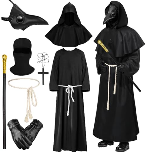 Pestarzt-Kostüm für Erwachsene, Pestarzt, Ledermaske mit schwarzem Umhang, Halloween-Outfit, Handschuhe, Gürtel, Kreuz-Halskette Zepter Steampunk-Kostüm für Herren und Damen (Schwarz 1, 2XL) von HarnyLoom