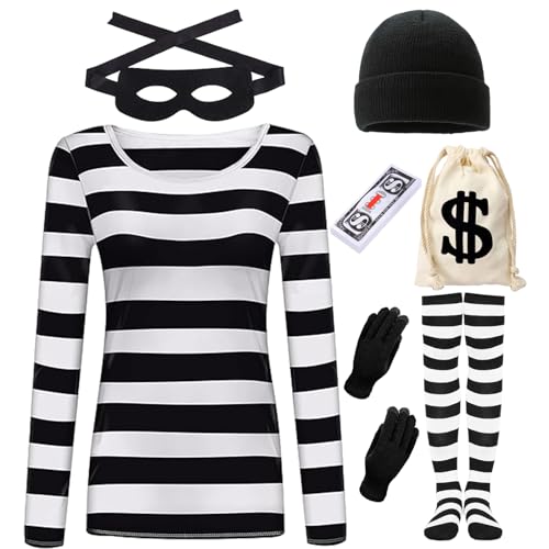 Räuber Kostüm Erwachsene Damen Herren Dieb Bankräuber Kostüm Schwarz Weiß T-Shirt Augenmaske Mütze Handschuhe Socken Taschen Zubehör Karneval Halloween Party Cosplay (Frauen, 2XL) von HarnyLoom