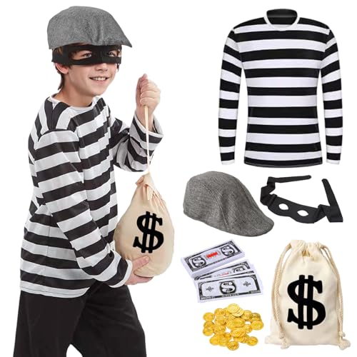 Räuber Kostüm kinder Dieb Bankräuber Jungen Outfit Bandit Kostüm Einbrecher T-Shirt Swag Bags Maske Halloween Karneval Party Cosplay (S) von HarnyLoom