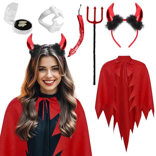 Roter Teufel Halloween Kostüm Damen - Teufelsumhang Zubehör Teufelshörner Stirnband Teufelsschwanz Teufelsgabel Damen Halloween Teufel Rollenspiel Erwachsene Outfit Verkleidung Halloween von HarnyLoom