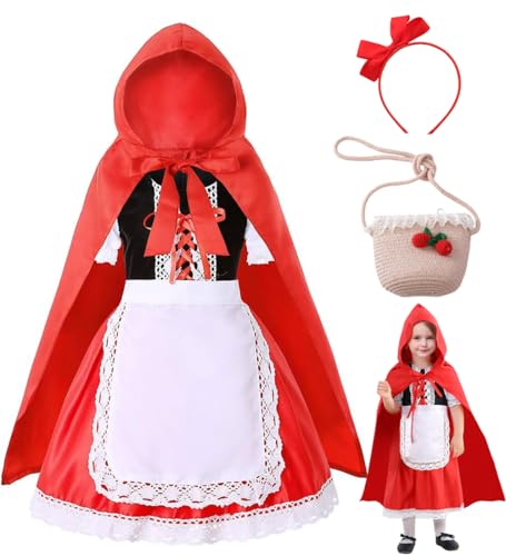 Rotkäppchen Kostüm Kinder Rot Umhang Mädchen Kleid mit Schürze Märchen Kapuzenumhang Stirnband Tasche Faschingskostüme Karneval Party Halloween (140) von HarnyLoom