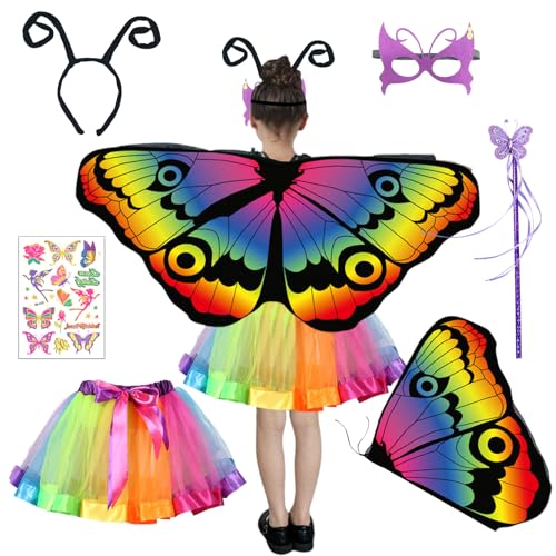 6 Stück Schmetterling Kostüm Kinder Mädchen, Schmetterlingflügel Fee Kostüm Umhang Tutu Stirnband Maske Feen Zauberstab Tattoos für Karneval Halloween Cosplay (Farbe) von HarnyLoom