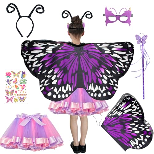 Schmetterlingsflügel Mädchen Kostüm mit Tutu Schmetterling Stirnband Maske Fee Zauberstab Tattoo Karneval Halloween Cosplay Kostüm (Lila) von HarnyLoom