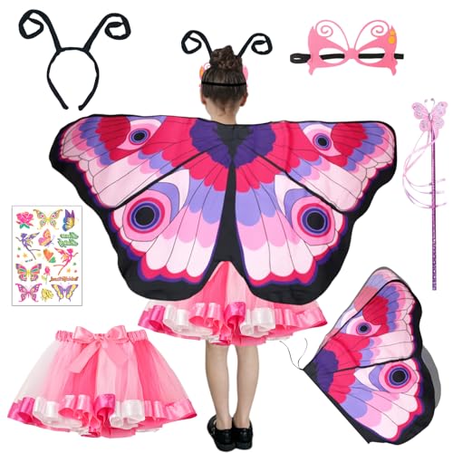 6 Stück Schmetterling Kostüm Kinder Mädchen, Schmetterlingflügel Fee Kostüm Umhang Tutu Stirnband Maske Feen Zauberstab Tattoos für Karneval Halloween Cosplay(Rosa) von HarnyLoom