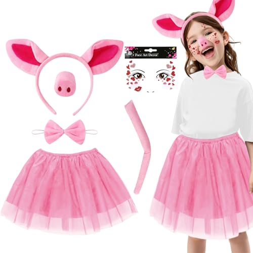 Schwein Kostüm Kinder, Tierkostüm Set Tutu-Rock Mädchen mit Tierohren Stirnband Schwanz Fliege Verkleidungskiste Kinder Kleinkinder Karneval Halloween Weihnachten Cosplay von HarnyLoom