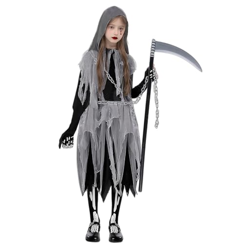 Sensenmann Kostüm Mädchen Kinder Sense Gruseliges Kettengürtel Handschuhe Socken Horror Robe Halloween Cosplay (L) von HarnyLoom