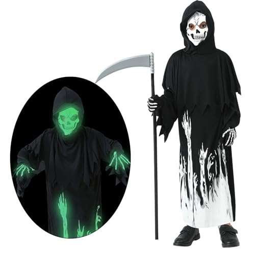 Halloween Sensenmann Kostüm für Kinder Jungen, Glow in the Dark Halloween Kostüm Skelett Set Sensenmann Sense Skelett Handschuhe Outfit Gruselige Robe Kostümumhang (M) von HarnyLoom