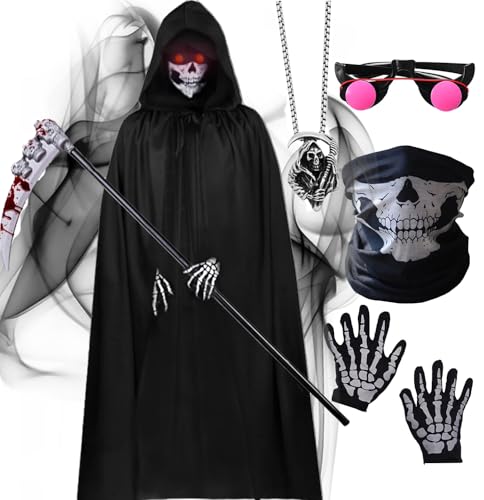 Sensenmann Kostüm für Kinder Herren, Halloween Kostüm Set Erwachsene Jungen Sensenmann Sense Kapuzenumhang Schwarz Totenkopf Maske Skelett Handschuhen Halloween Cosplay (110 (4–6 Jahre)) von HarnyLoom