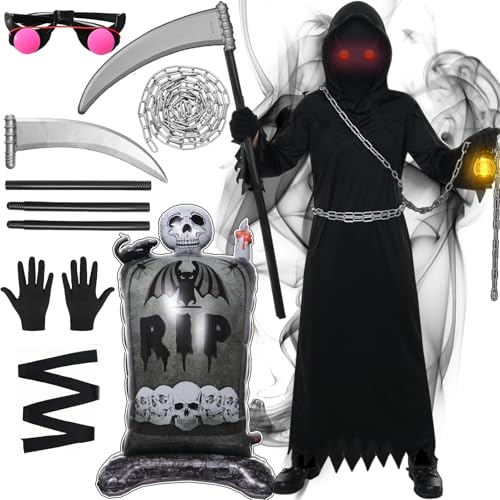 Halloween Sensenmann Kostüm für Kinder Herren, Halloween Kostüm Set Erwachsene Kinder Jungen Sensenmann Sense Brille Kette Gürtel Grabstein Ballon Halloween Cosplay (Erwachsene, M(160-175)) von HarnyLoom