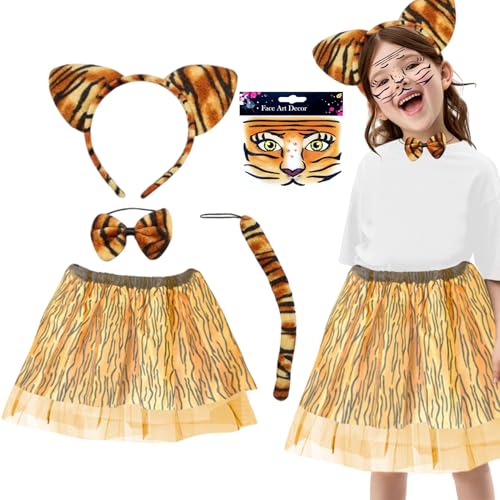 Tiger Kostüm Kinder, Tierkostüm Set Tutu-Rock Mädchen mit Tierohren Stirnband Schwanz Fliege Verkleidungskiste Kinder Kleinkinder Karneval Halloween Weihnachten Cosplay von HarnyLoom