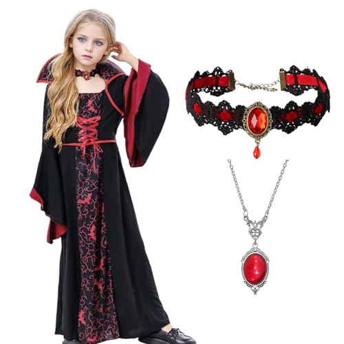 Vampir Kostüm Kinder Mädchen, Vampir Kostüm Kinder Vampir Halloween Kostüm Kinder Set Vampire Costume Karneval Mottoparty Dracula Cosplay Party (Rot, 110CM) von HarnyLoom