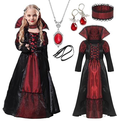 Vampir Kostüm Mädchen, Vampir Kostüm Kinder Vampir Halloween Kostüm Kinder Set Vampire Costume Karneval Mottoparty Dracula Cosplay Party (Rot 2, L) von HarnyLoom