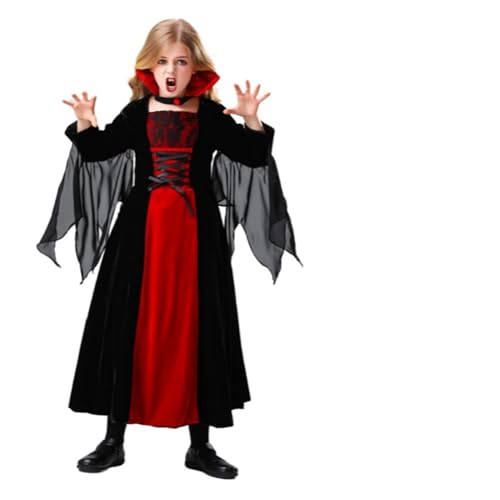 Vampirkostüm Kinder Halloween Kostüme für Mädchen Gothic Vampir Outfit Verkleidung Set Halloween Vampirin Königin (L (7–9 Jahre)) von HarnyLoom