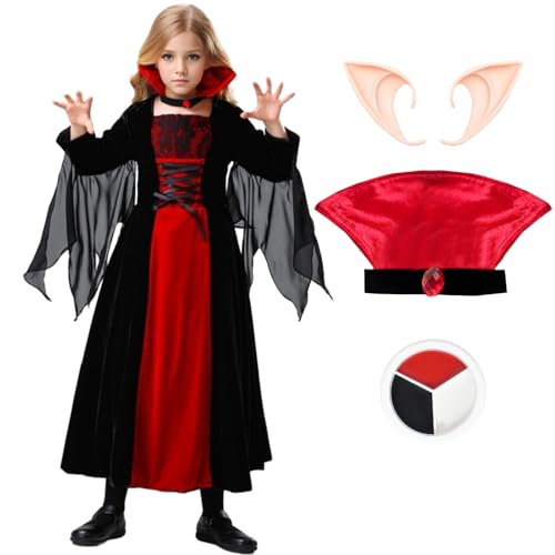 Vampirkostüm Kinder Halloween Kostüme für Mädchen Gothic Vampir Outfit Verkleidung Set Halloween Vampirin Königin (M (4–6 Jahre)) von HarnyLoom