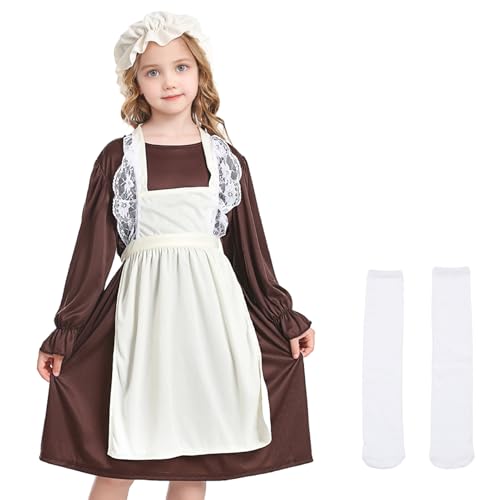 Viktorianisches Kostüm Mädchen Maid Dress Dienstmädchen Kleid Hausmädchen mit Schürze Socken Weltbuchtag Cosplay Karneval Halloween (Braun, L (8–10 Jahre)) von HarnyLoom