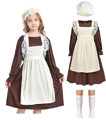 Viktorianisches Kostüm Mädchen Maid Dress Dienstmädchen Kleid Hausmädchen mit Schürze Socken Weltbuchtag Cosplay Karneval Halloween (Braun, L (8–10 Jahre)) von HarnyLoom