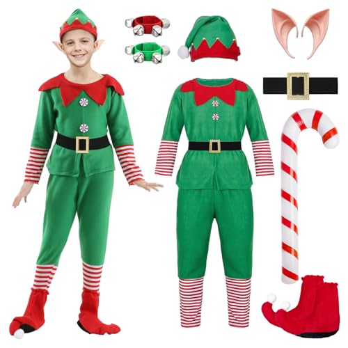 Weihnachtself Kostüm Damen Kinder Erwachsen, Weihnachten Kostüm Männer Elfenkostüm Wichtel Elfen Kostüm Elfenohren Elfenhut Glocke Weihnachten Party Cosplay (Kind-Junge, 110) von HarnyLoom