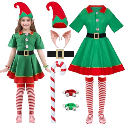 Weihnachtself Kostüm Damen Kinder Erwachsen, Weihnachten Kostüm Männer Elfenkostüm Wichtel Elfen Kostüm Elfenohren Elfenhut Glocke Weihnachten Party Cosplay (Kind-Mädchen, 110) von HarnyLoom