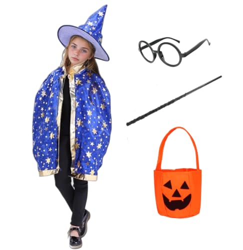 Zauberer Kostüm für Kinder Mädchen Umhang Halloween Hexenumhang Hut Kürbistasche Kinder Verkleidung Rollenspiel Requisiten Zubehör Set Cosplay Party (Blau) von HarnyLoom