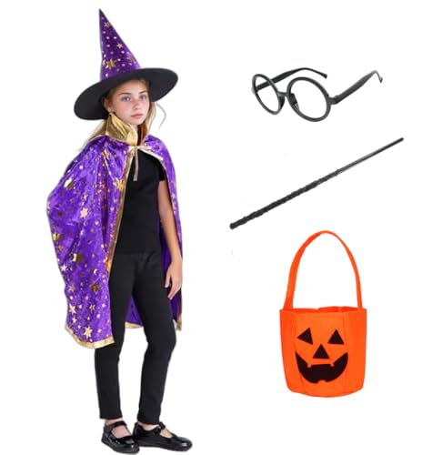 Zauberer Kostüm für Kinder Mädchen Umhang Halloween Hexenumhang Hut Kürbistasche Kinder Verkleidung Rollenspiel Requisiten Zubehör Set Cosplay Party (Lila) von HarnyLoom