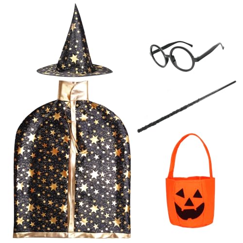 Zauberer Kostüm für Kinder Mädchen Umhang Halloween Hexenumhang Hut Kürbistasche Kinder Verkleidung Rollenspiel Requisiten Zubehör Set Cosplay Party (Schwarz) von HarnyLoom