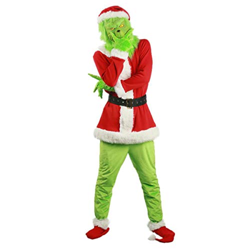 Grinch Green How The Grinch Stole Weihnachts-Kostüm-Set für Erwachsene, 7-teilig, inklusive Maske, Halloween, lustiges Cosplay-Kostüm, Requisiten (rot, L) von Harri me