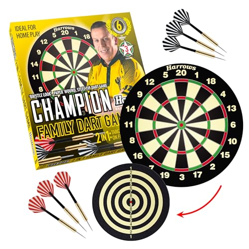 Harrows Dart Board Familienspiel I Dart Board Set I Dartboard mit 6 Darts I Darts Board mit über 10 Spielen I 6 Darts Set mit Board von Harrows