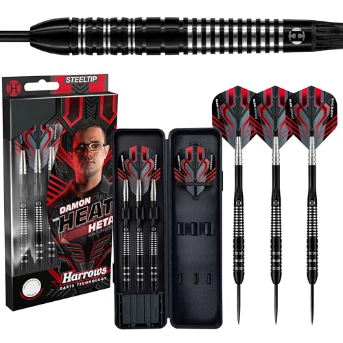 Harrows Damon Heta 90% Tungsten Steel Tip Darts Set 21g, 23g & 25g | Inklusive schwarzer Alamo Schäfte, Damons Signatur Harrows Flights & Reiseetui (23g) von Harrows