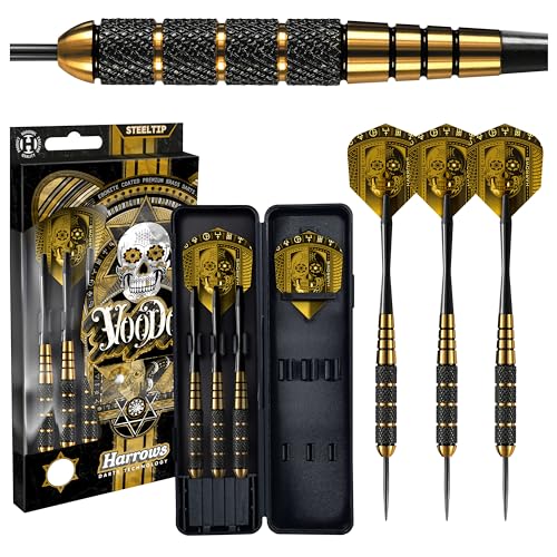 Harrows Voodoo Messingpfeile | Steeldarts-Set mit Tragetasche | 19g, 21g, 23g, 25g & 27g | Beinhaltet Speedline-Schäfte und 100-Mikron-Marathon-Voodoo-Flights (23g) von Harrows