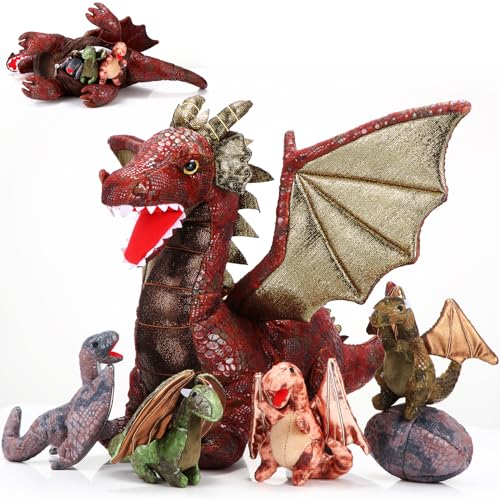 Harrycle 7 Stück Stofftier Drachen Spielzeugset 40cm Großes Drache Kuscheltier mit 4 Baby-Plüschdrachen und 2 Eiern im Bauch Der Drachenmama Geburtstagsgeschenke für Teenager(Retro Stil) von Harrycle