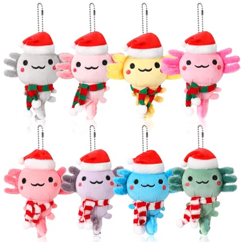 Harrycle 8 Stück Axolotl Plüschtiere 10 cm Axolotl Stofftier Bulk Geschenk zum Schulanfang Mini Kawaii Schlüsselanhänger Niedliches Kuscheltier in Farben für Geburtstage Weihnachten(Weihnachtsmütze) von Harrycle