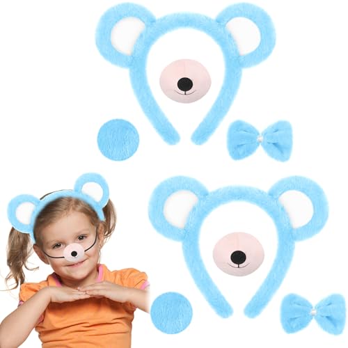 Harrycle 8 Stück Bären Kostüm Zubehör Bären Ohren Stirnband und Schwanz Nase Fliege Set Tier Bär Kostüm für Kinder Erwachsene für Cosplay Halloween Karneval Geburtstag Thema Party(Blau) von Harrycle