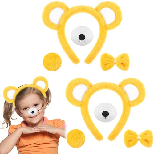 Harrycle 8 Stück Bären Kostüm Zubehör Bären Ohren Stirnband und Schwanz Nase Fliege Set Tier Bär Kostüm für Kinder Erwachsene für Cosplay Halloween Karneval Geburtstag Thema Party(Gelb) von Harrycle