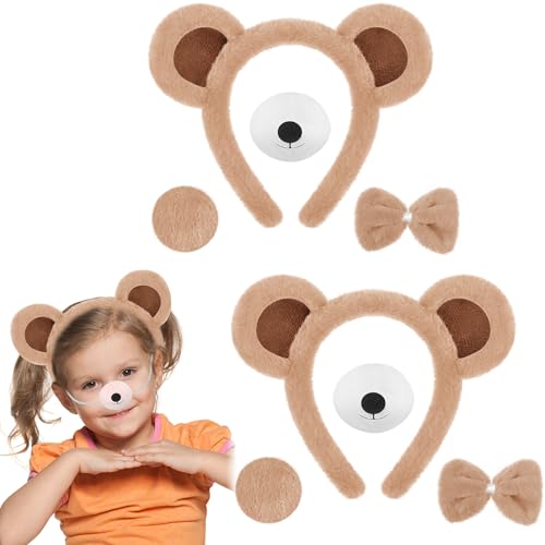 Harrycle 8 Stück Bären Kostüm Zubehör Bären Ohren Stirnband und Schwanz Nase Fliege Set Tier Bär Kostüm für Kinder Erwachsene für Cosplay Halloween Karneval Geburtstag Thema Party(Hellbraun) von Harrycle