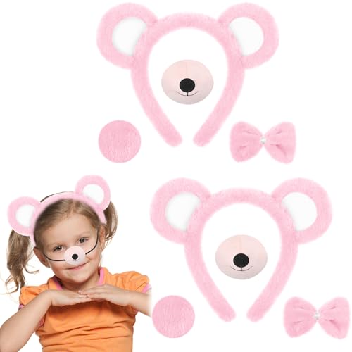 Harrycle 8 Stück Bären Kostüm Zubehör Bären Ohren Stirnband und Schwanz Nase Fliege Set Tier Bär Kostüm für Kinder Erwachsene für Cosplay Halloween Karneval Geburtstag Thema Party(Helles Rosa) von Harrycle