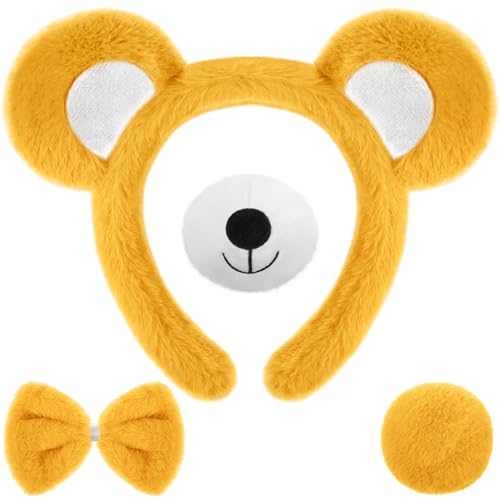 Harrycle Bär Cosplay Set Bären Stirnband Bärenfliege Nase Schwanz Bärenzubehör für Halloween Karneval Kostüm Party (Gelb) von Harrycle