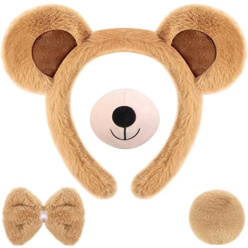 Harrycle Bär Cosplay Set Bären Stirnband Bärenfliege Nase Schwanz Bärenzubehör für Halloween Karneval Kostüm Party (Hellbraun) von Harrycle