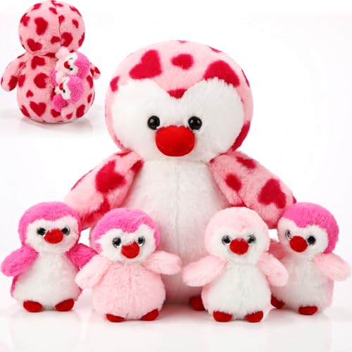 Harrycle 5 Stück Pinguin Plüsch Spielzeug Set 1 Mama Pinguin Stofftier mit 4 Süßen Babys im Bauch 35 cm Weiches Kuscheliges Pinguin Plüschtier für Kinder Valentinstag Geburtstag (Herz Stil) von Harrycle